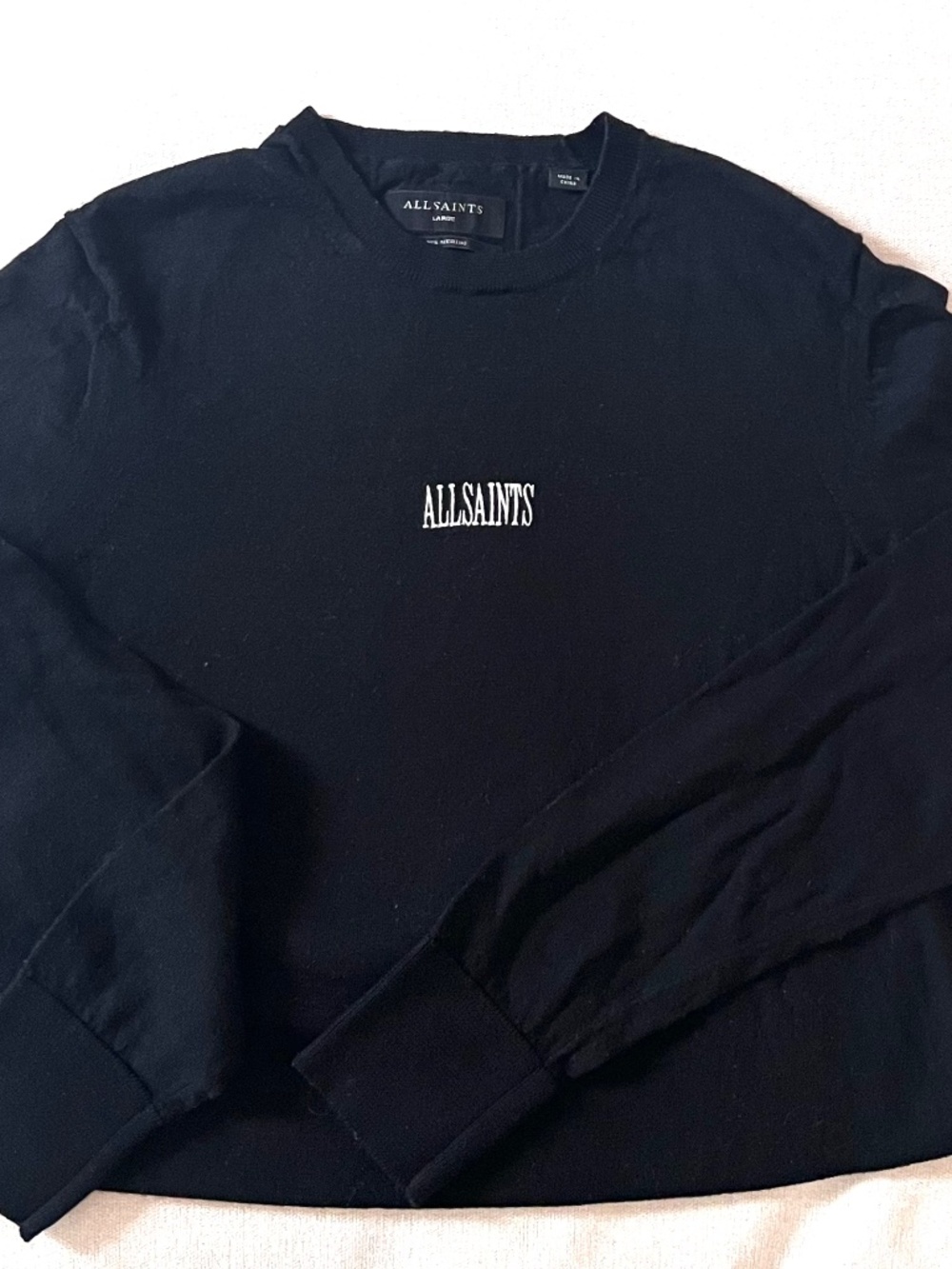 AllSaints Embroidered Logo Sweater - Merino Wool, BLACK